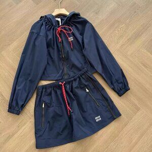 Miu Miu Navy Blue Nylon Hooded Jacket & Shorts Set Sz L